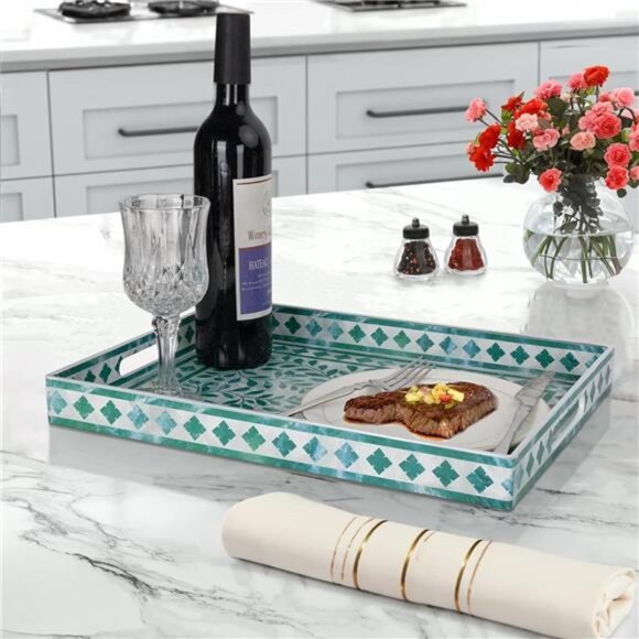 Green Rectangular Serving Tray Decorative Plastic Tray with Handles for Home - Picture 7 of 8